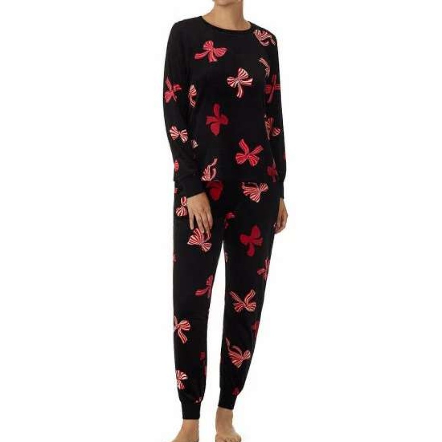 Lingerie * | New Kate Spade New York Ribbon Toss Long Sleeve Crew Neck Velour Jogger Pajama Set Black Novel