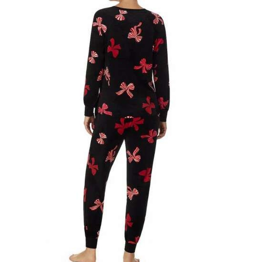 Lingerie * | New Kate Spade New York Ribbon Toss Long Sleeve Crew Neck Velour Jogger Pajama Set Black Novel