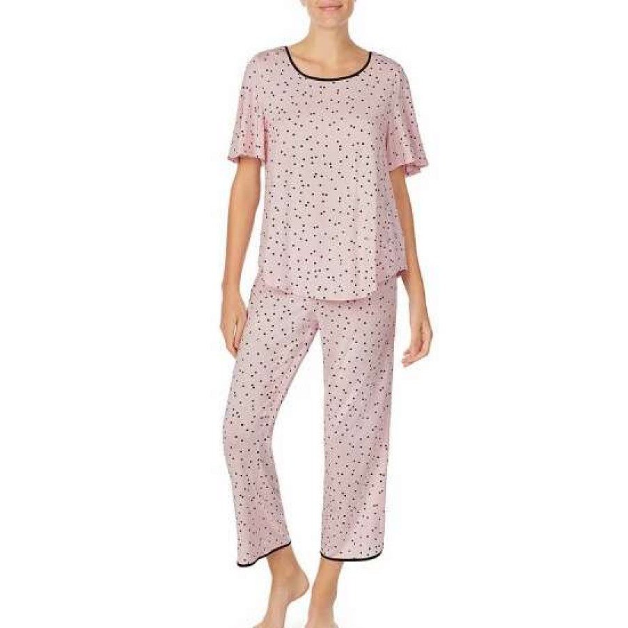 Lingerie * | Promo Kate Spade New York Dot Print Jersey Knit Cropped Coordinating Pajama Set Pink Dot