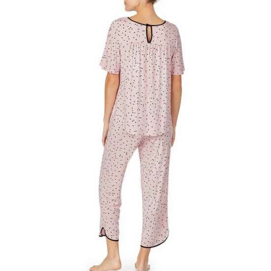 Lingerie * | Promo Kate Spade New York Dot Print Jersey Knit Cropped Coordinating Pajama Set Pink Dot