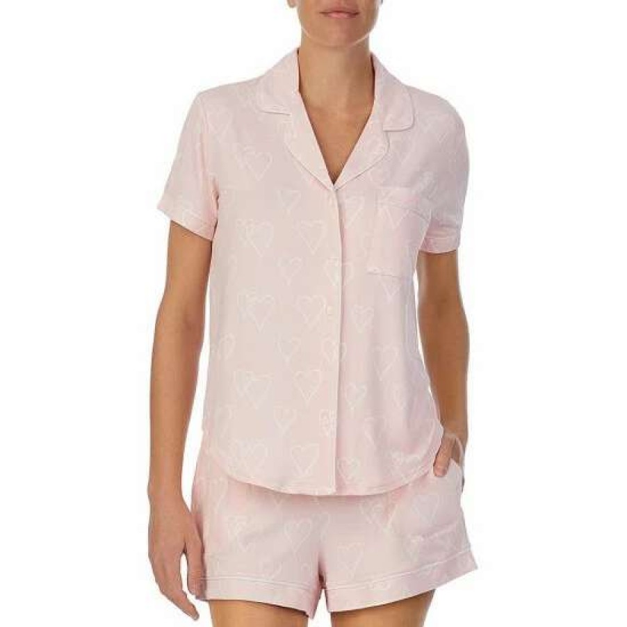 Lingerie * | Cheap Kate Spade New York Heart Print Short Sleeve Notch Collar Button Front Shorty Pajama Set Pink