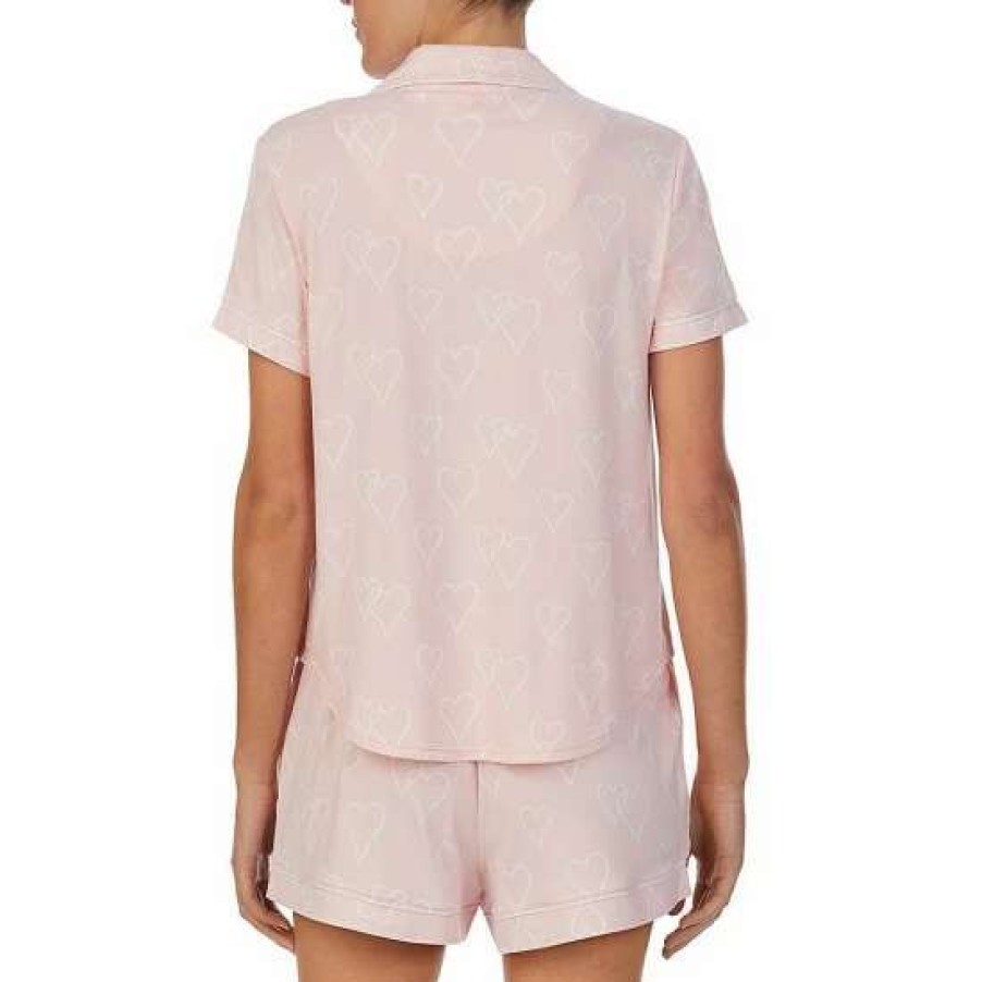 Lingerie * | Cheap Kate Spade New York Heart Print Short Sleeve Notch Collar Button Front Shorty Pajama Set Pink