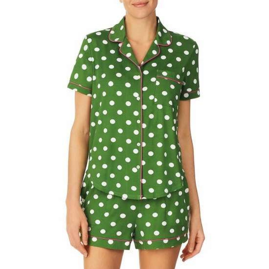 Lingerie * | Outlet Kate Spade New York Dotted Short Sleeve Notch Collar Cozy Knit Jersey Shorty Pajama Set Green Dot