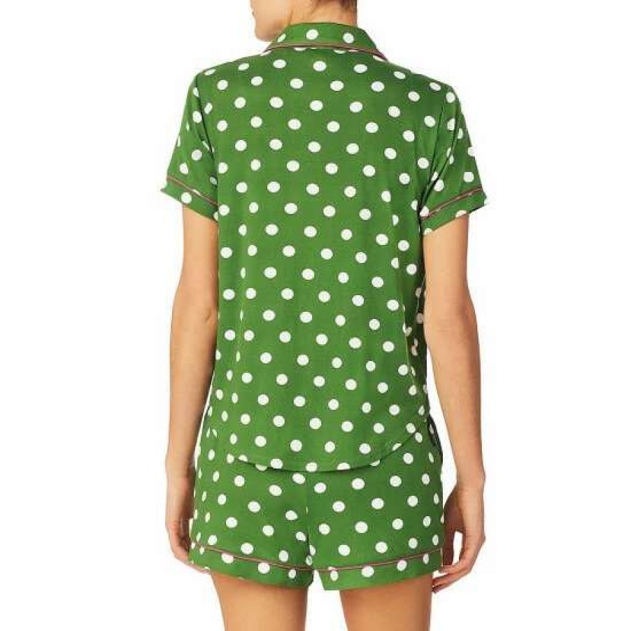 Lingerie * | Outlet Kate Spade New York Dotted Short Sleeve Notch Collar Cozy Knit Jersey Shorty Pajama Set Green Dot