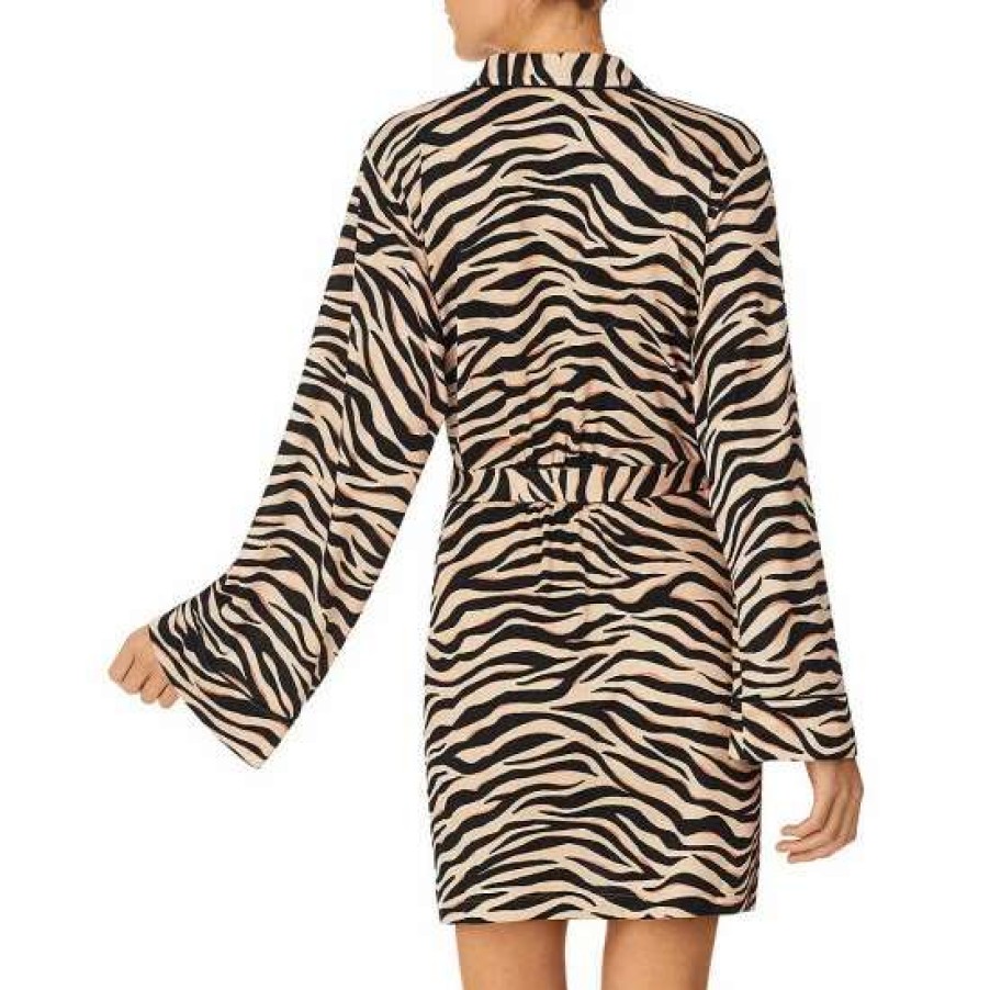 Lingerie * | Hot Sale Kate Spade New York Long Sleeve Zebra Print Shawl Collar Sweater Knit Short Cozy Robe Brown Print