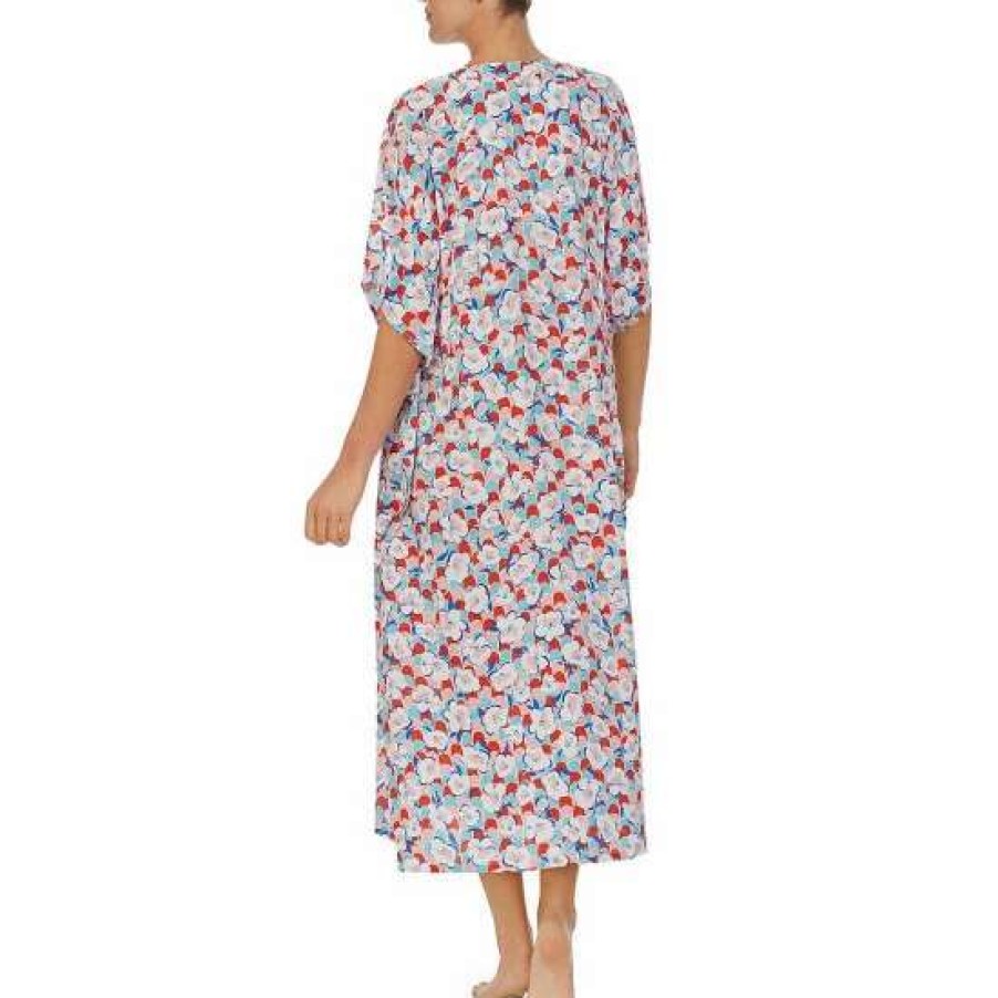 Lingerie * | New Kate Spade New York Floral Print 3/4 Sleeve Split V-Neck Side Slit Woven Caftan Multicolor