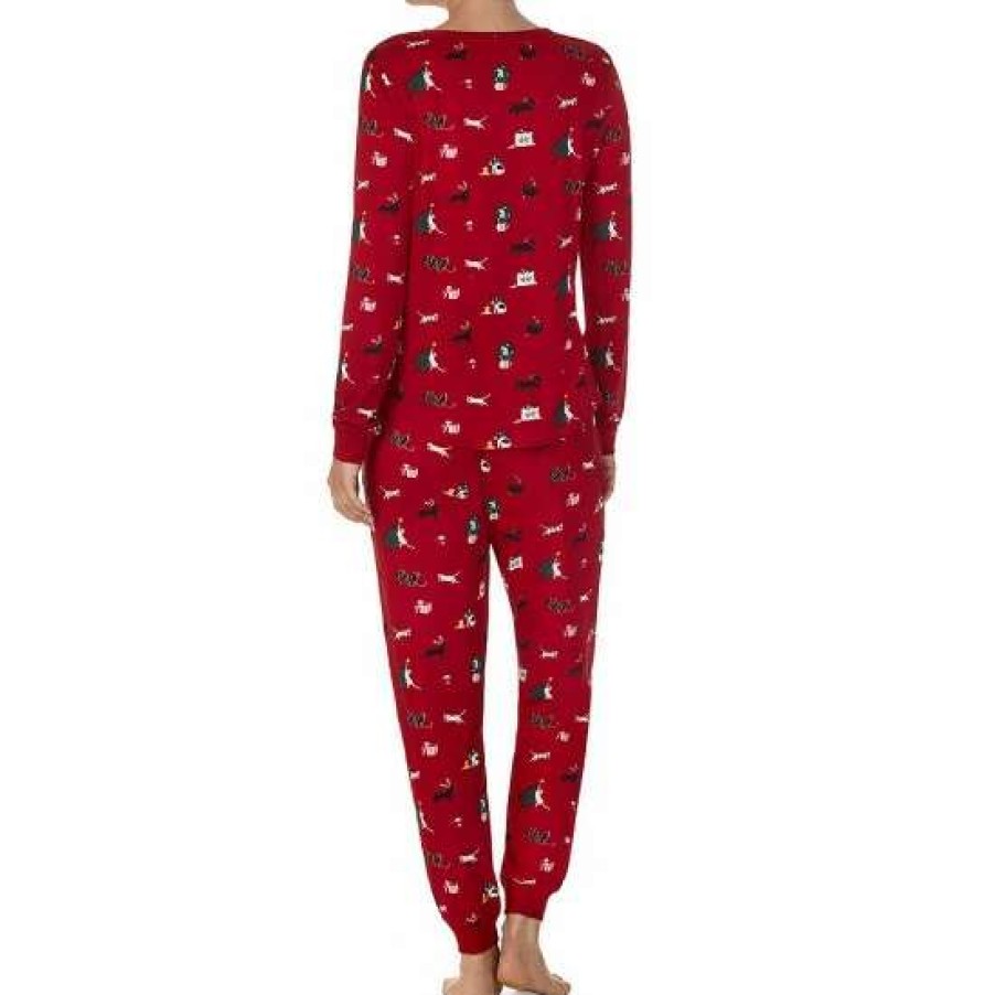 Lingerie * | Best Sale Kate Spade New York Deck The Paws Print Long Sleeve Scoop Neck Knit Holiday Pajama Set Red Print