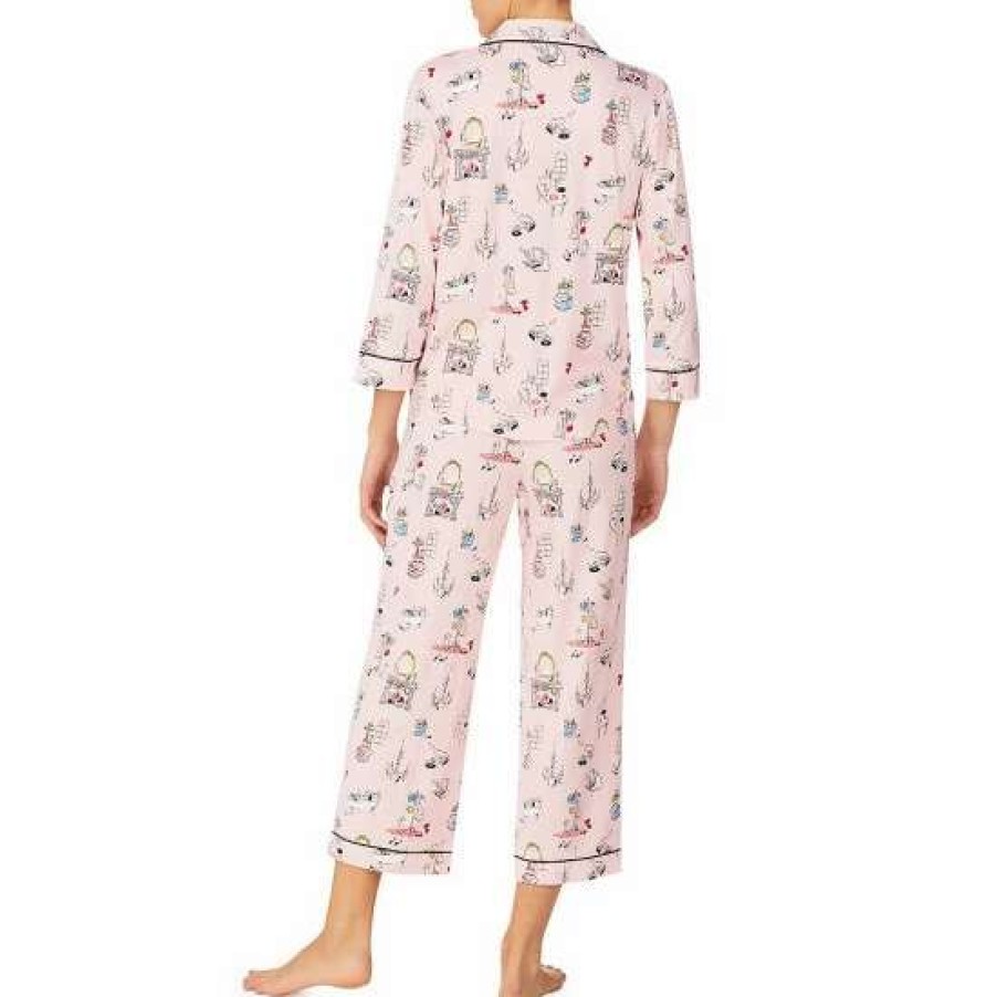 Lingerie * | Deals Kate Spade New York Printed 3/4 Sleeve Notch Collar Cropped Coordinating Pajama Set Pink/Multi