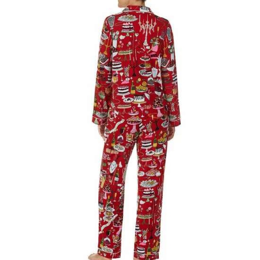 Lingerie * | Outlet Kate Spade New York Holiday Table Print Long Sleeve Notch Collar Pajama Set Red Multi