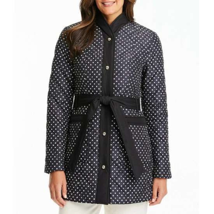 Women'S Clothing * | Top 10 Kate Spade New York Quilted Dot Print Single Breasted High Neck Insulated Long Sleeve Belted Coat Printed Dot/Black