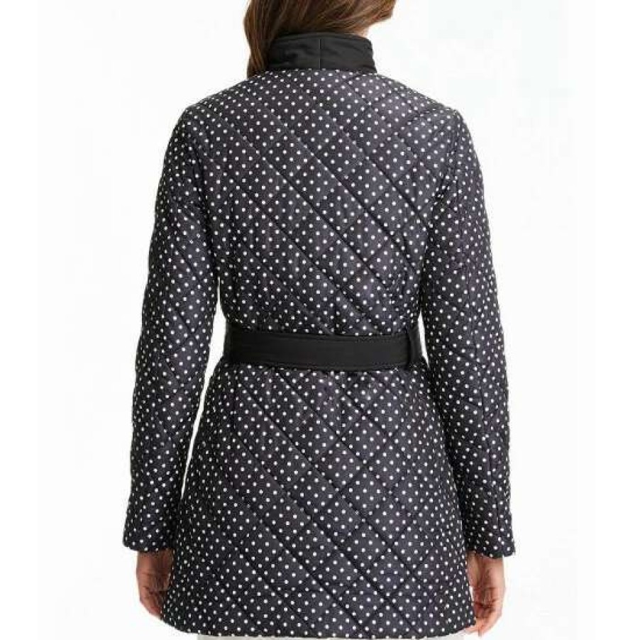 Women'S Clothing * | Top 10 Kate Spade New York Quilted Dot Print Single Breasted High Neck Insulated Long Sleeve Belted Coat Printed Dot/Black