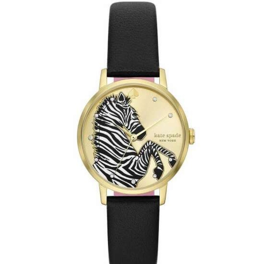 Accessories * | Hot Sale Kate Spade New York Metro Three-Hand Zebra Black Leather Watch Black/Gold