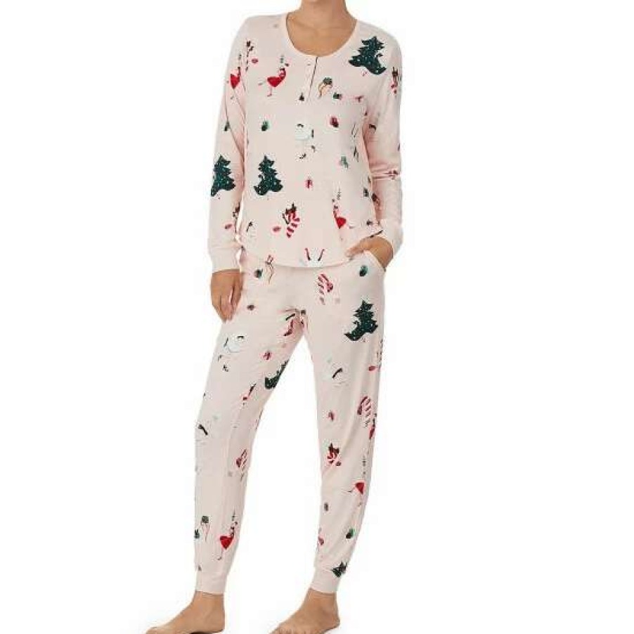 Lingerie * | Buy Kate Spade New York Holiday Costume Party Print Long Sleeve Scoop Neck Pajama Set Pink/Multi