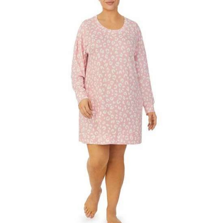 Lingerie * | Deals Kate Spade New York Plus Size Animal Print Long Sleeve Jewel Neck Short Nightgown Pink Print