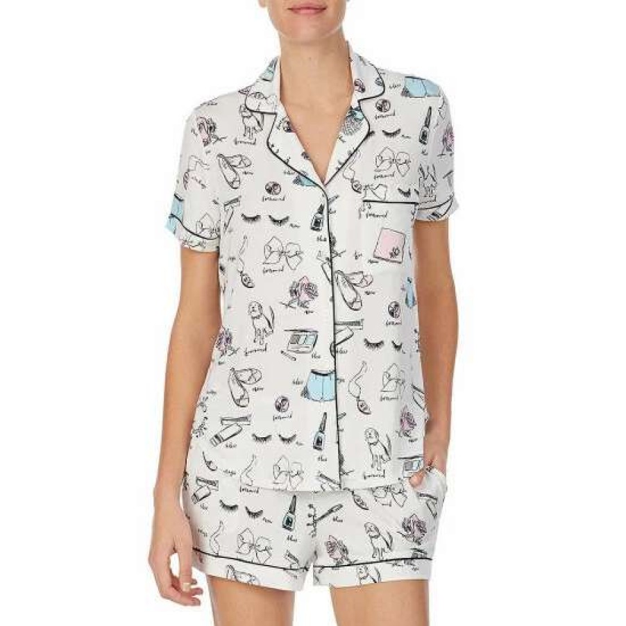 Lingerie * | Coupon Kate Spade New York Printed Notch Collar Short Sleeve Jersey Knit Shorty Pajama Set Novel Print