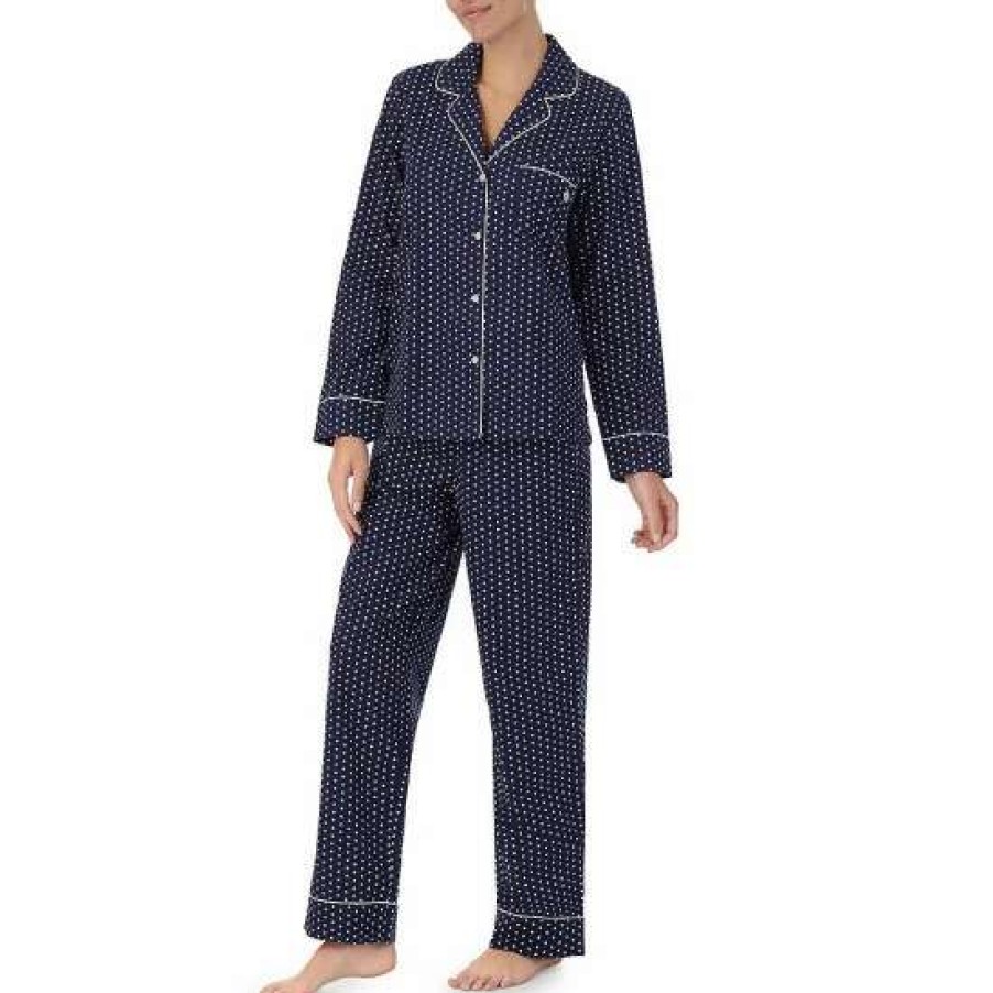 Lingerie * | Brand New Kate Spade New York Pin Dot Print Long Sleeve Notch Collar Woven Poplin Pajama Set Dark Blue/Print