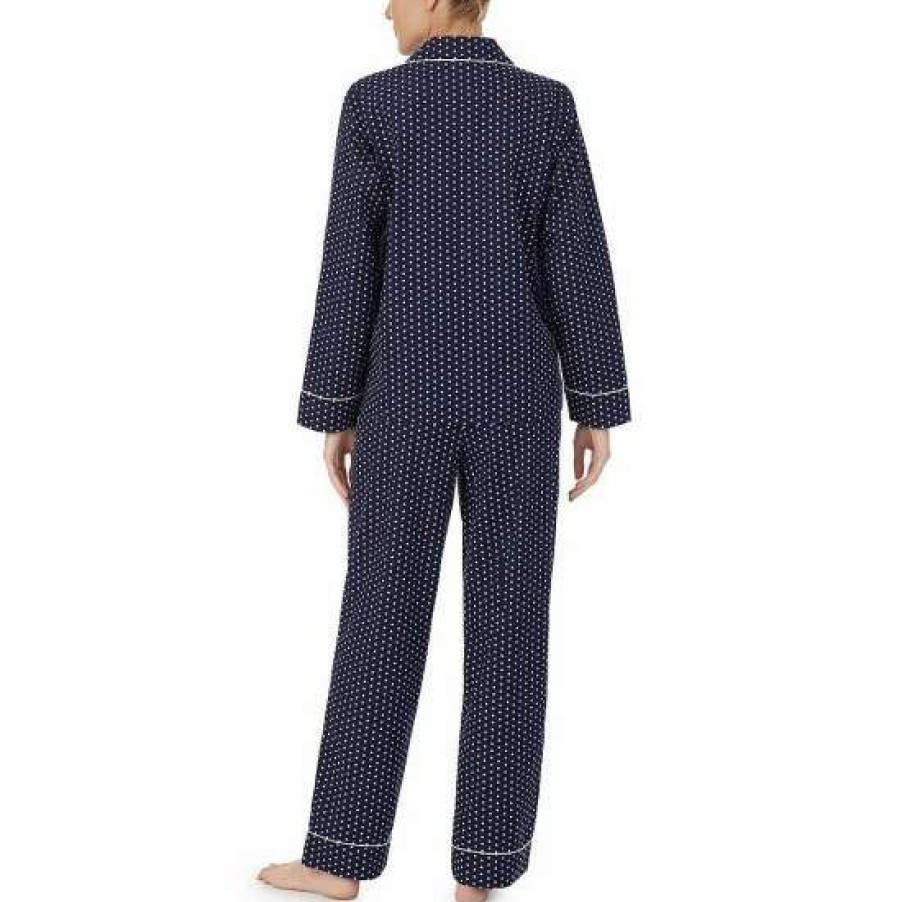 Lingerie * | Brand New Kate Spade New York Pin Dot Print Long Sleeve Notch Collar Woven Poplin Pajama Set Dark Blue/Print