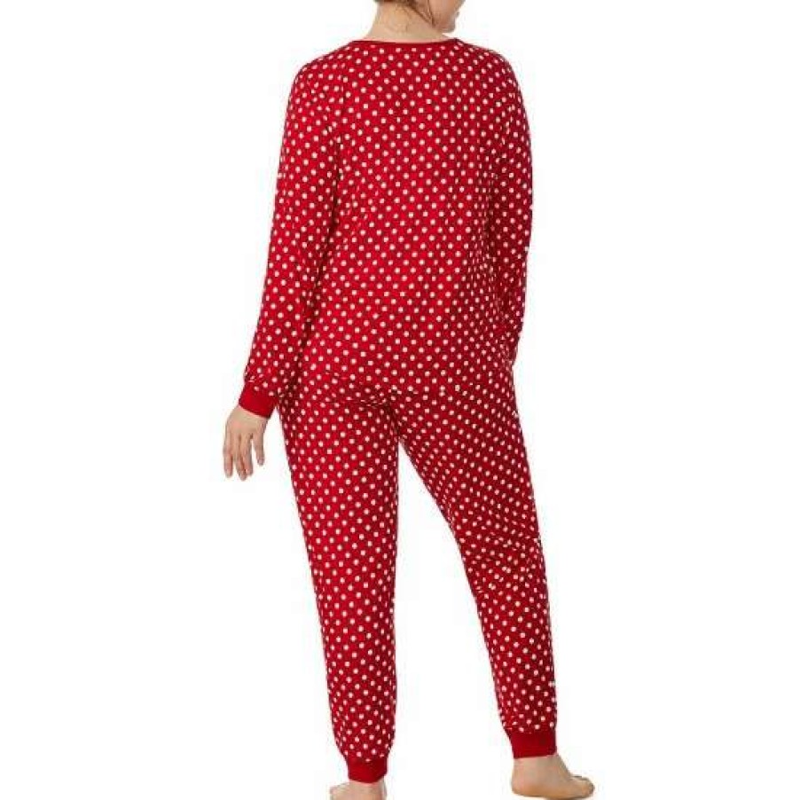 Lingerie * | Best Deal Kate Spade New York Plus Size Dot Print Long Sleeve Jewel Neck Jersey Knit Pajama Set Red Cream