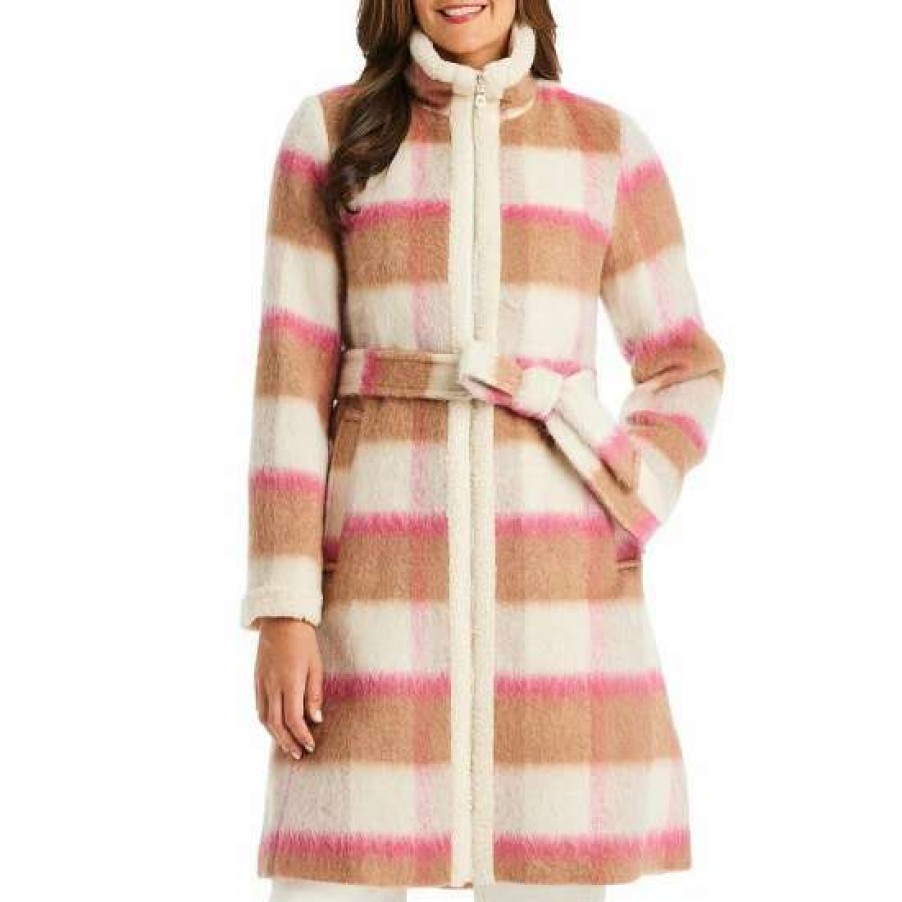 Women'S Clothing * | Hot Sale Kate Spade New York Plaid Print Faux Fur Belted Stand Collar Long Sleeve Wool Blend Coat Buffalo Plaid