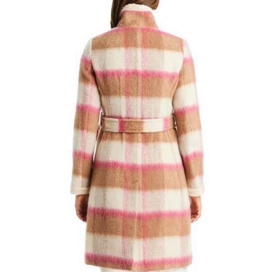 Women'S Clothing * | Hot Sale Kate Spade New York Plaid Print Faux Fur Belted Stand Collar Long Sleeve Wool Blend Coat Buffalo Plaid