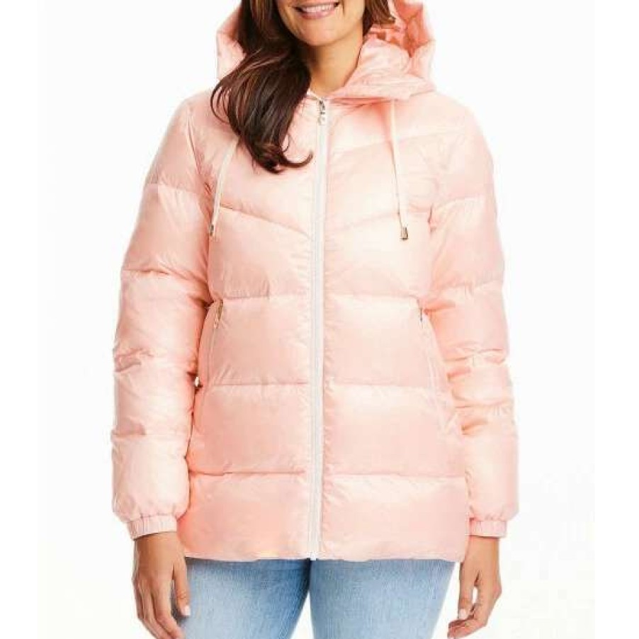 Women'S Clothing * | Budget Kate Spade New York Chevron Hooded Stand Collar Long Sleeve Insulated Puffer Jacket