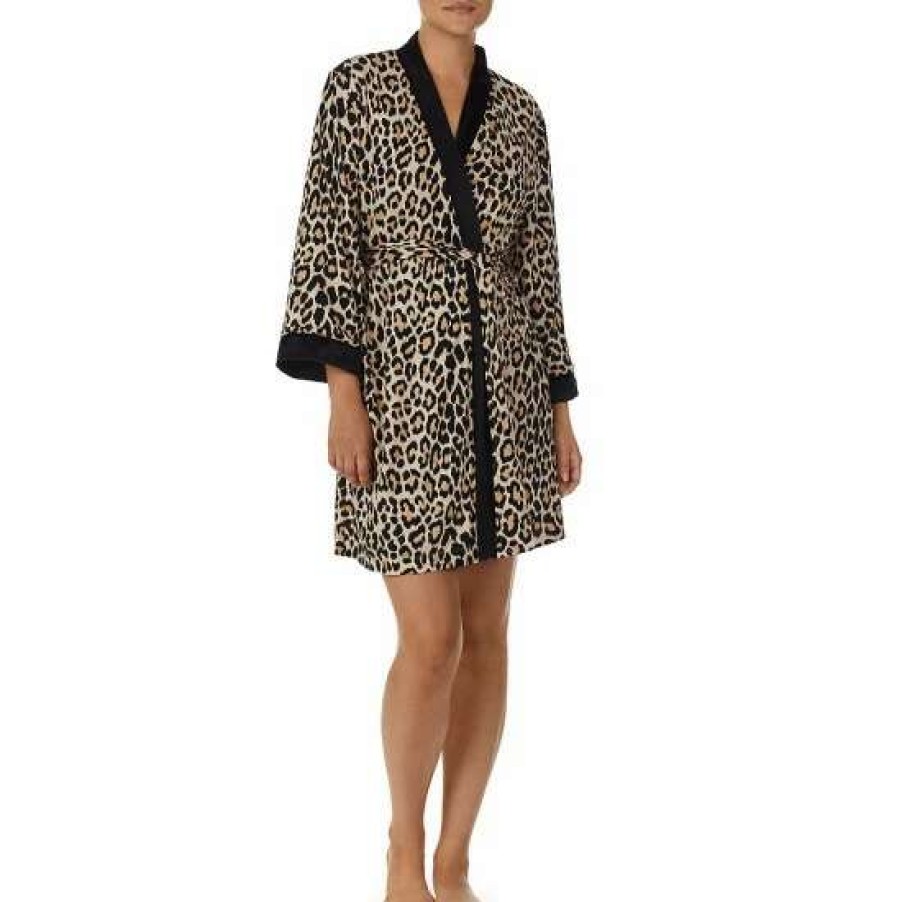 Lingerie * | Best Pirce Kate Spade New York Animal Print Long Sleeve Shawl Collar Neck Short Robe Brown Animal