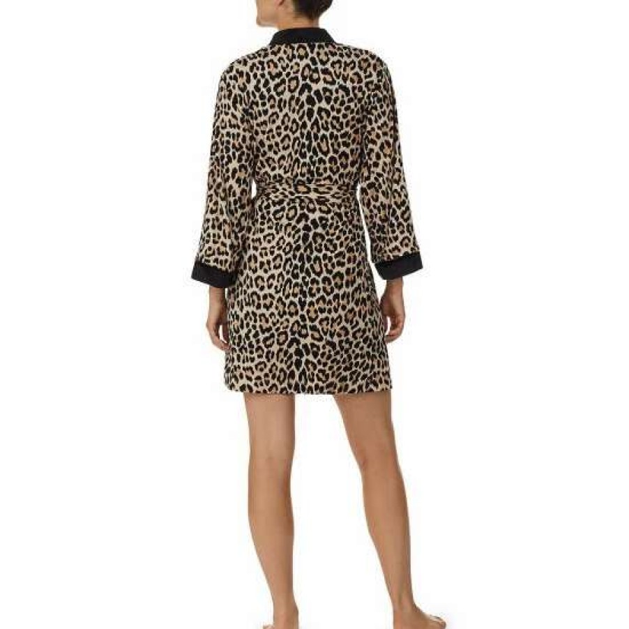 Lingerie * | Best Pirce Kate Spade New York Animal Print Long Sleeve Shawl Collar Neck Short Robe Brown Animal