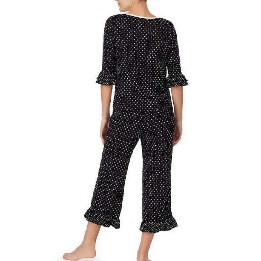 Lingerie * | Brand New Kate Spade New York Print Jersey Knit Cropped Coordinating Pajama Set Black/Ivory Dot