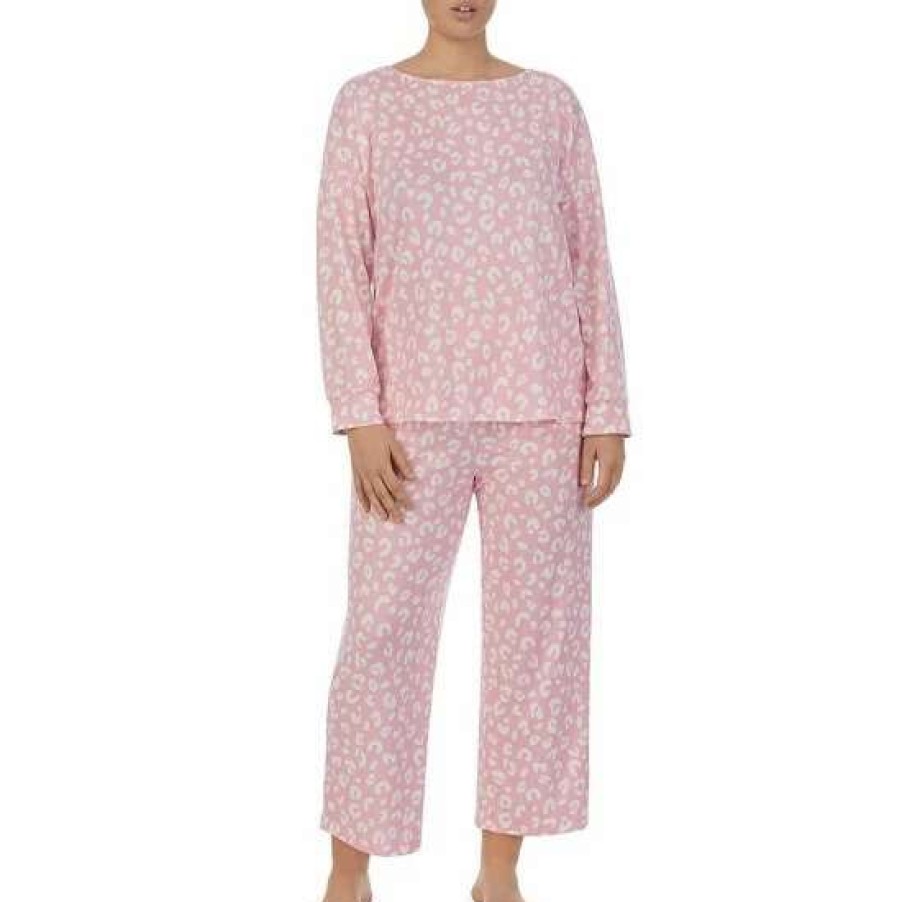 Lingerie * | Outlet Kate Spade New York Plus Size Animal Print Long Sleeve Round Neck Cropped Pajama Set Pink Print