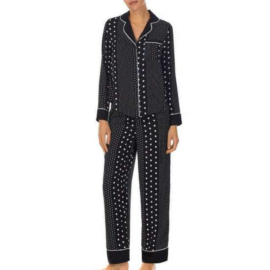 Lingerie * | Cheap Kate Spade New York Long Sleeve Notch Collar Satin Striped Ankle Pajama Set Black/Stripe