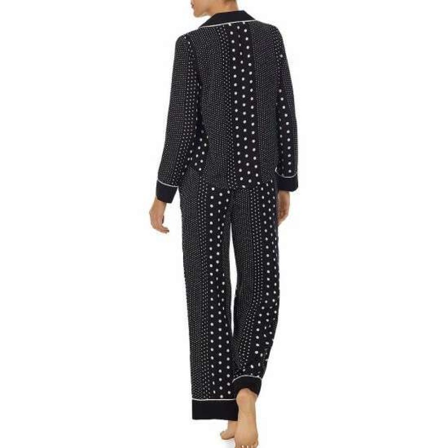 Lingerie * | Cheap Kate Spade New York Long Sleeve Notch Collar Satin Striped Ankle Pajama Set Black/Stripe