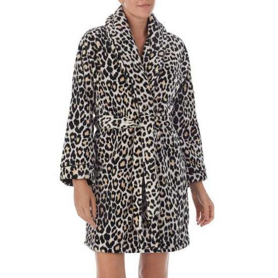 Lingerie * | Buy Kate Spade New York Leopard Print Plush Short Cozy Robe Brown Leopard