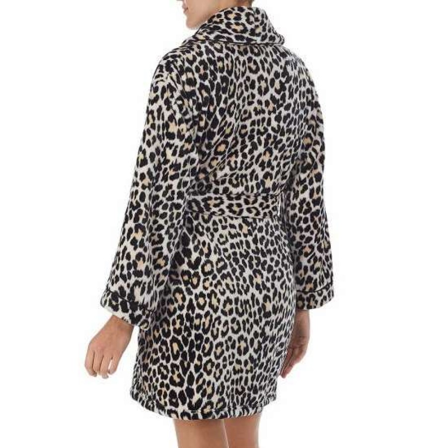 Lingerie * | Buy Kate Spade New York Leopard Print Plush Short Cozy Robe Brown Leopard