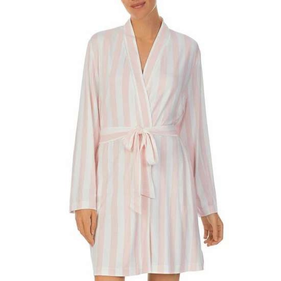 Lingerie * | Buy Kate Spade New York Stripe Print Long Sleeve Shawl Collar Jersey Knit Pocketed Tie Short Robe Pink Stripe