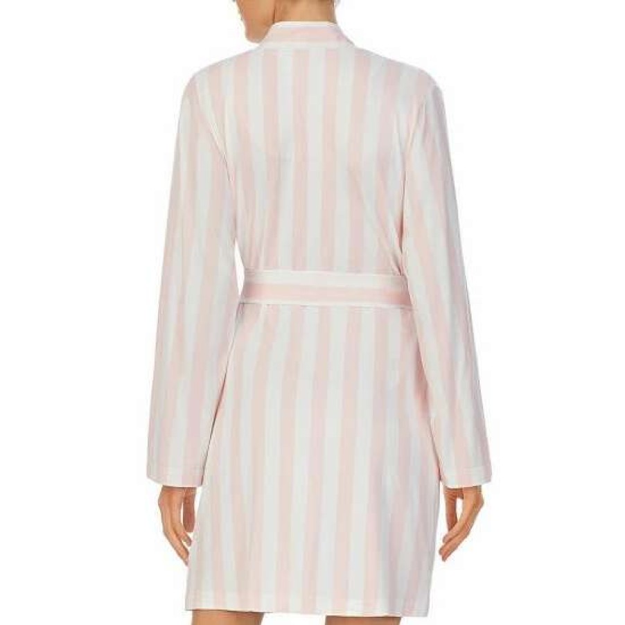 Lingerie * | Buy Kate Spade New York Stripe Print Long Sleeve Shawl Collar Jersey Knit Pocketed Tie Short Robe Pink Stripe